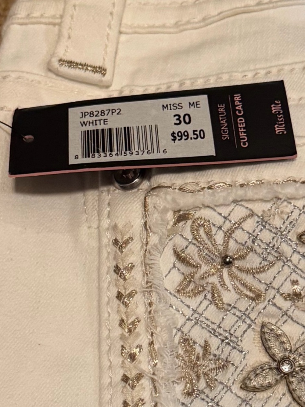 Miss Me White Cuffed Capri with Gold & Silver Embroidered Pockets